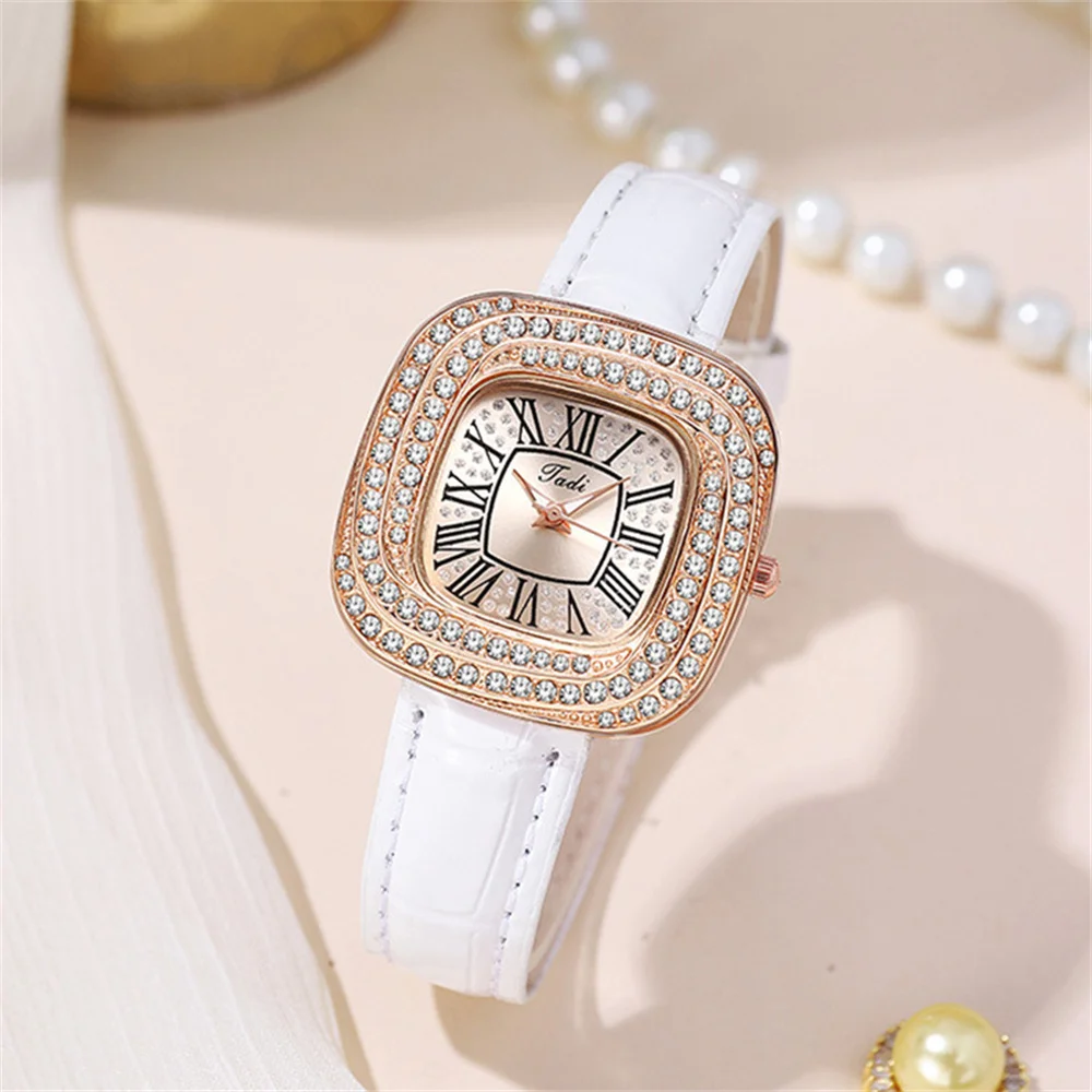 Women Fashion Luxury Square Roman Set Diamond Quartz Watch 2024 Casual Off White Women\'s Leather Clock Gift Watches