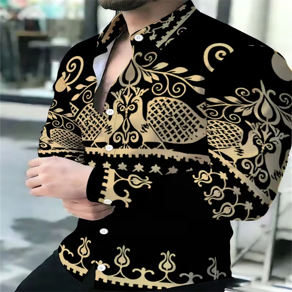 Men's Long Sleeve Dress Shirt Wine Red Gold Baroque Scroll Print Lapel Button Down Luxury Formal Shirts For Wedding Party Nightc