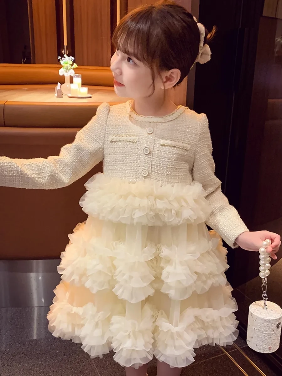 2-13 Years Girls Velvet Warm Princess Dress Kids Patchwork Beige Party Layered Dresses for Girls Toddler Outfits Clothing 6 8 9