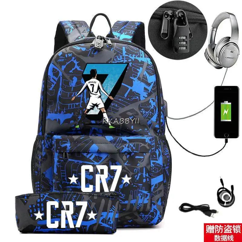 CR7 Mochila para Mulheres e Homens, Carga USB, Viagem, Notebook, Laptop, Mochilas Escolares, Preto Capacidade, Adolescentes, 18 Polegada, 2Pcs