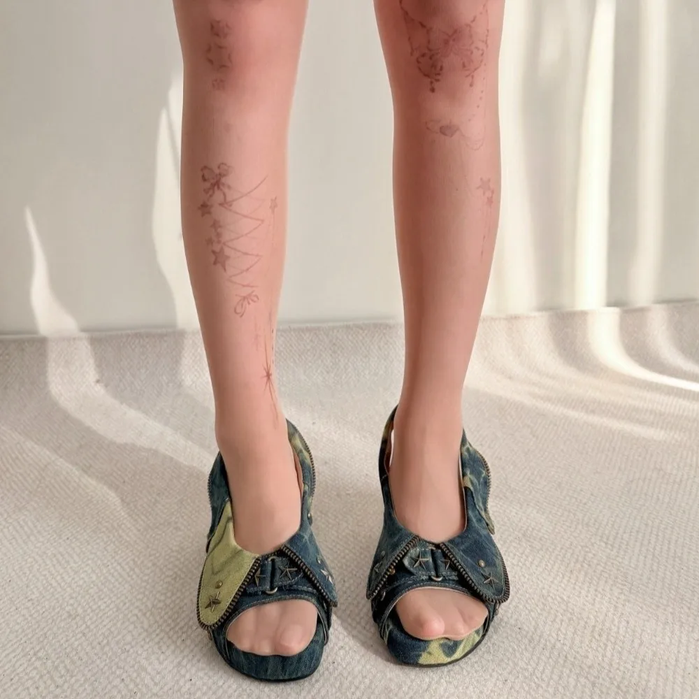 Y2K Invisible Tattoo Stockings Colorful Childishness Star Jellyfish Shell Pantyhose Hand-drawn Butterfly Silk Stockings Cosplay