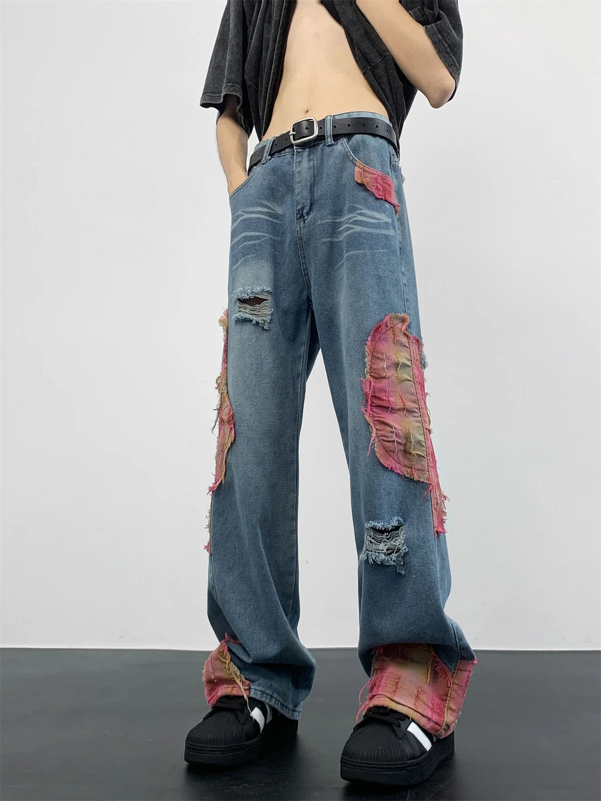 

Retro Patchwork Men's Jeans Summer Street Style Washed out Trendy American High Street Hole Loose Wide Leg Pants