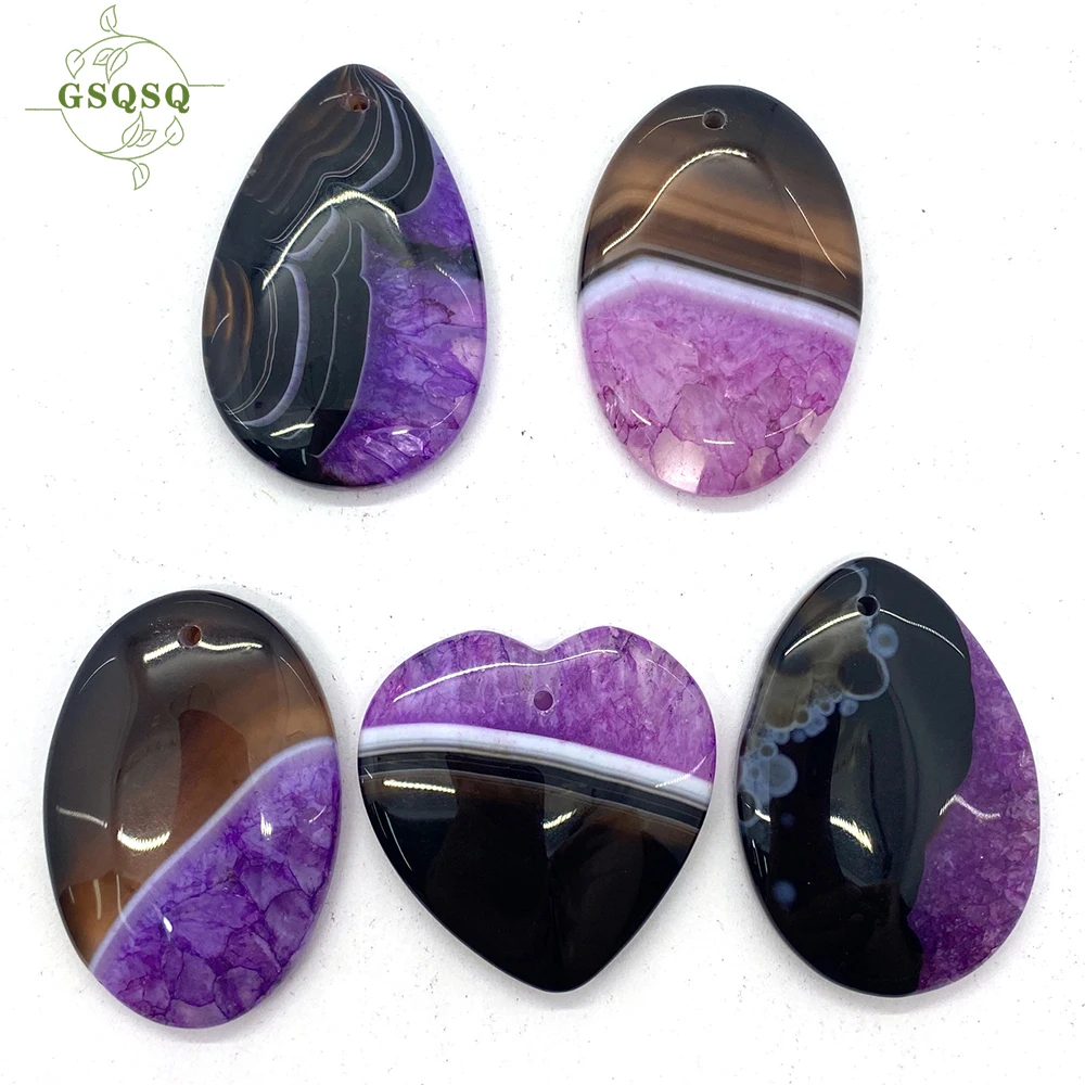 

5pcs Natural Stone Purple Black Stripe Agate Water Drop Love Pendant Convex Round Craft Necklace Reiki Chakra Jewelry Pendant