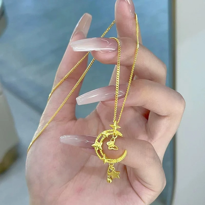 Collar de luna y estrella de mariposa de oro AU750 de alta calidad para mujer, regalo de joyería de cadena de clavícula de temperamento de moda de oro de 18 quilates
