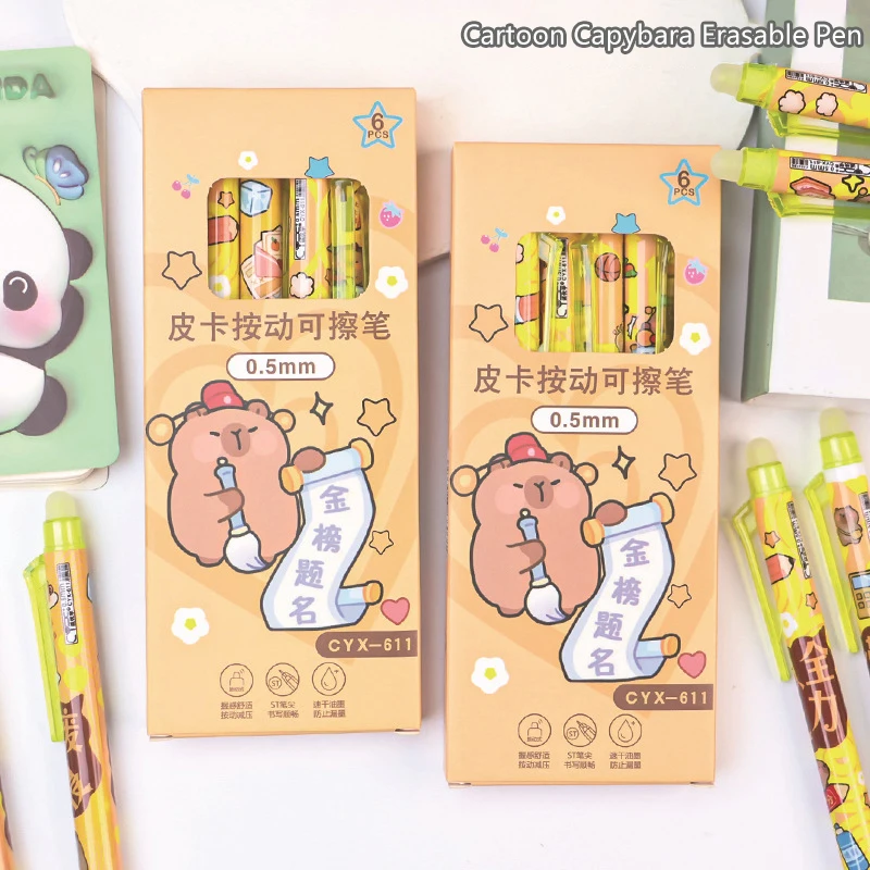 6Pcs Kawaii Capybara Löschbaren Gel Stift Set Schnell Trocknend Drücken Neutral Stifte Schreiben Glatte Stifte Student Schreibwaren Geschenke