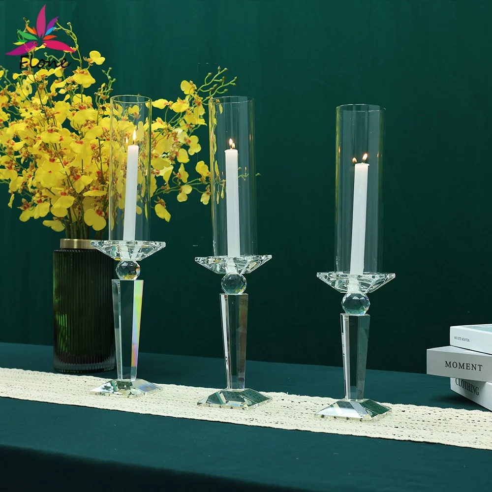 3pcs/Set Clear Crystal Candle Holders with Glass Tube Shades-Compatible with Real Candles for Wedding Living Room Table Decor