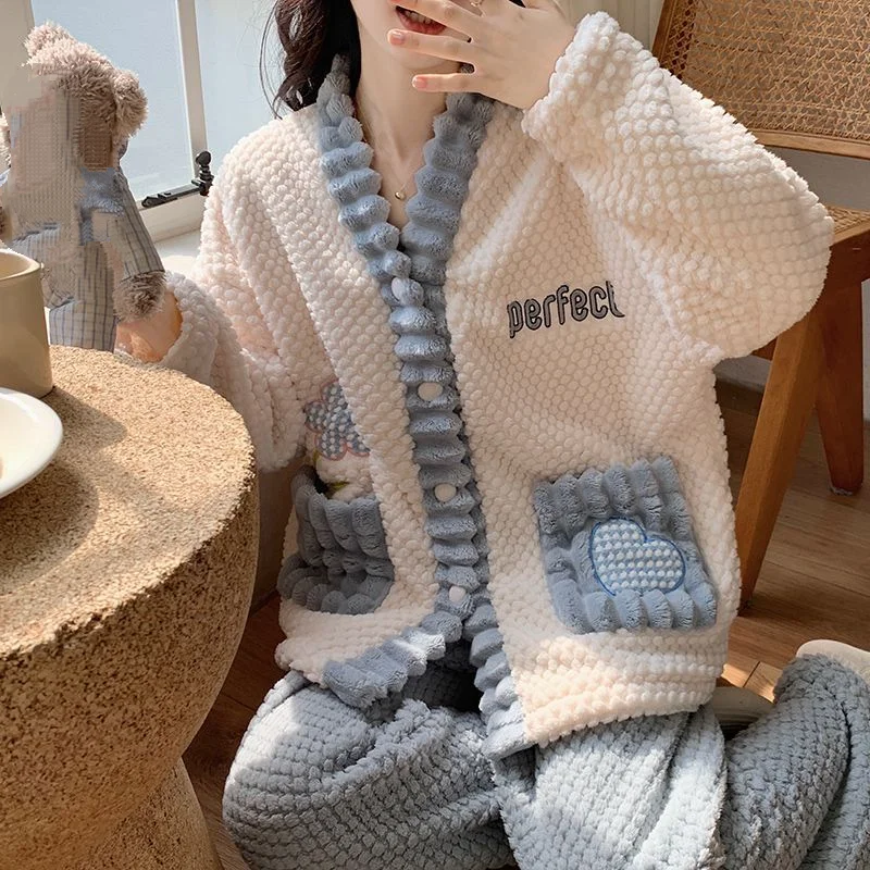 

Korean Style Plus Size Women's Pajama Set Coral Fleece Fleece Lined Winter Warm Sleepwear Cozy Autumn Loungewear