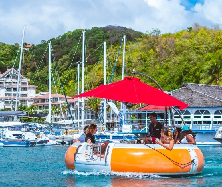 Electric Donut BBQ Boat with Table, Seats and Parasol, Durable Leisure Boat for Family Water Entertainment