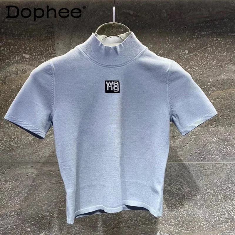 Slim-Fit Knited Sexy Tshirts for Women 2023 Summer New Print Letter Pullover Short Sleeve T-shirt Female Crop Tops Graphic Tees