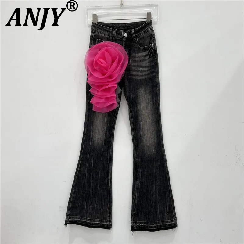 

ANJY Autumn New Women Trendy Flared Jeans Three-Dimensional Flower Slimming Distressed Denim Elegant Y2K High Street Pants A9978