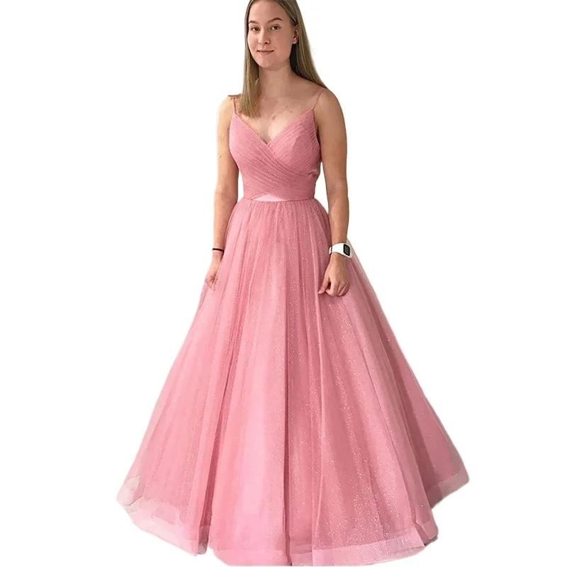 

2025 New Prom Dress Long Pink Shimmering Pleat Ruched Tulle Women's Wedding Guest Party Gown Lace up back Customized
