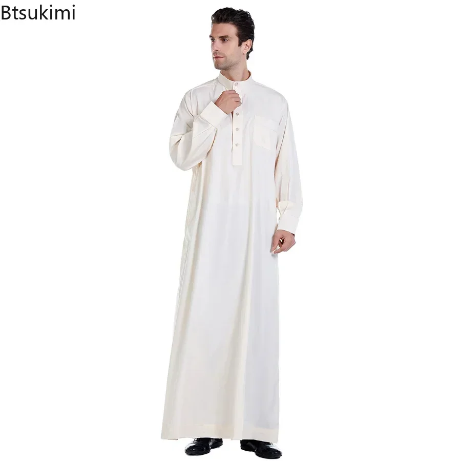 Bata Ramada de manga larga musulmana de Oriente Medio para hombre, caftán árabe con cuello redondo, caftán islámico de Color sólido Thawb, Abaya larga musulmana de Dubái