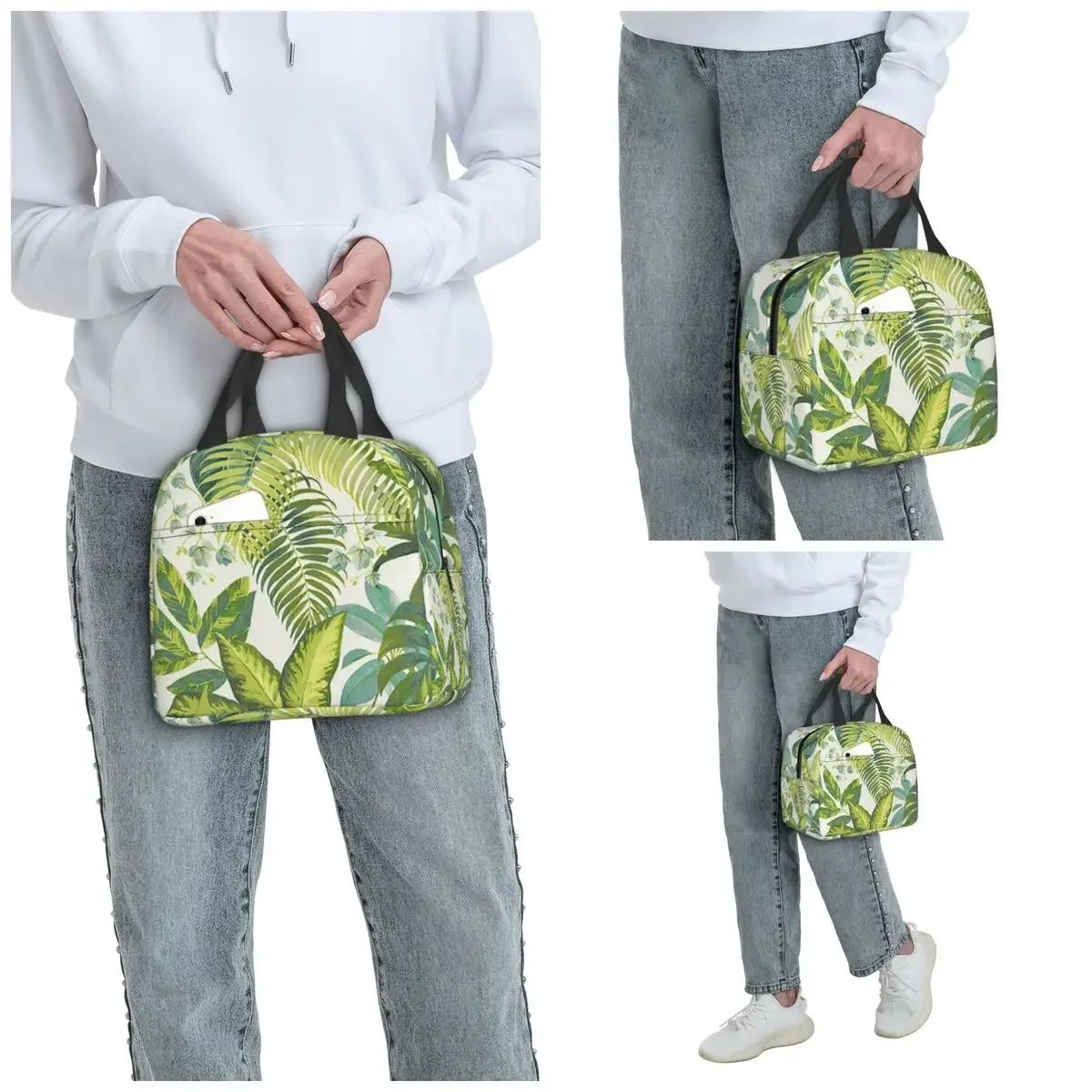Green Tropical Leaf Print Insulated Lunch Bag for Women Office Cooler Thermal Food Box Tote Portable Lunch Boxes Container