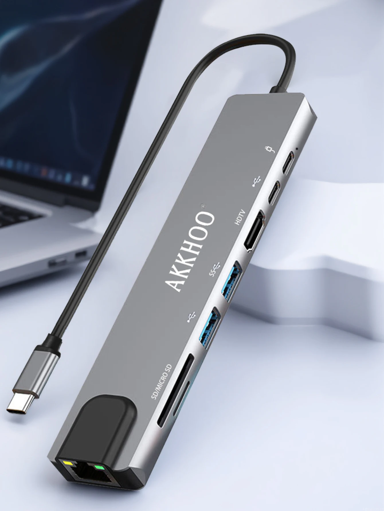 AKKHOO USB-C 4K HDTV 5Gbps Mini Laptop Docking Station (1.27x0.55in), PD100W Fast Charging, 8 in 1, Phone Docking Station