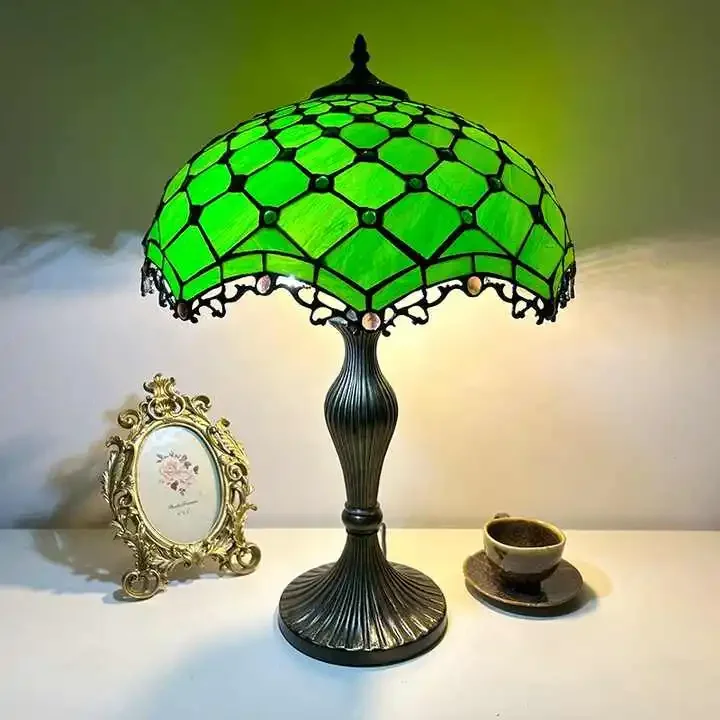 

16inch 40cm Tiffany Colored Jade Glass Retro Table Lamp Living Room Bedroom Bedside Table Lamp Office Decoration
