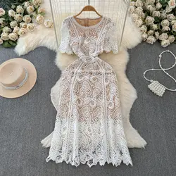 JAMERARY Runway Brand Designer Summer Holiday Flower Embroidery Lace Prom Wedding Dress Women Short Sleeve Midi Long Vestidos