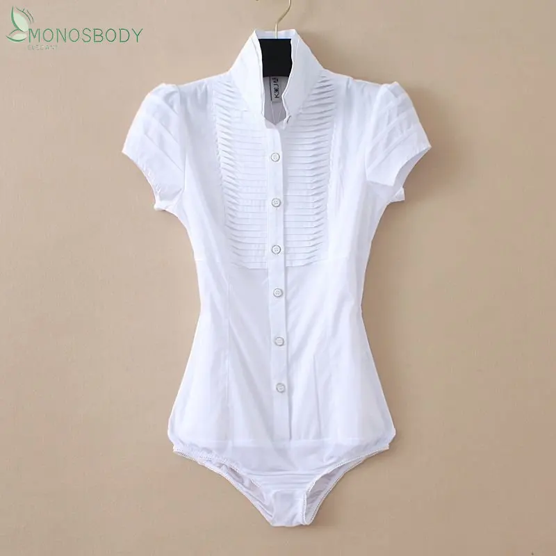 Bodycon Shirring White Bodysuits Women Short Sleeve Slim Fashion Blouses and Tops Office Lady Shirts Business Work Rompers 2023