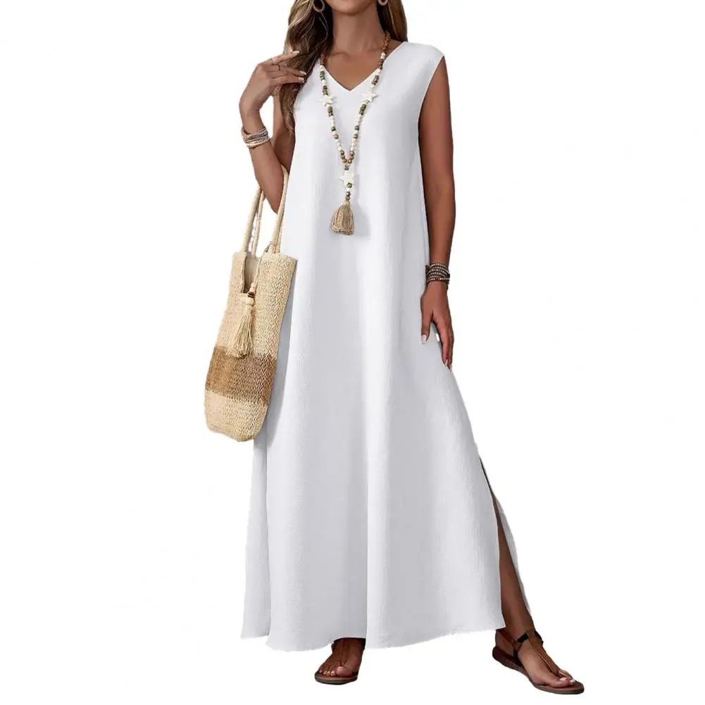Casual Loose Cut Dress Boho Beach Vacation Maxi Dress Collection Women's Sleeveless V-neck Swing Dress Casual Solid for Summer