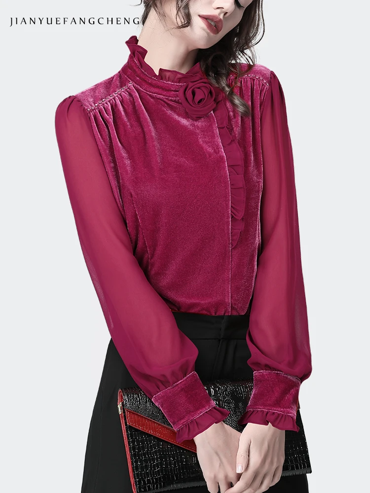 2024 Spring New Womens Long Sleeve Magenta Velour Blouse With Flower Deco Velvet Tops Fashion Casual Chiffon Sleeves Shirt