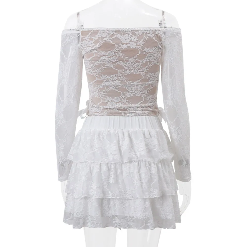 Retro Lace Veja Através de Conjuntos de Mini Saia, Alças de Gravata Feminina, Roupas Ruffle, Data, Y2K, 1 Conjunto