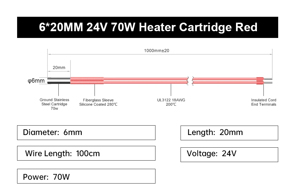 Trianglelab 24V 70W Heizpatrone Rot 6x20mm Mit 100CM Kabel 3D-Drucker für V6 HOTEND Volcano MK8 MK9 CR-10 Ender 3 – Detail 14