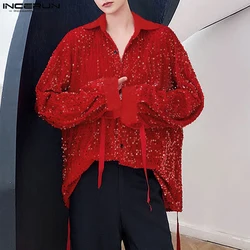 2024 Men Irregular Shirt Sequins Transparent Sparkling Lapel Long Sleeve Party Men Clothing Streetwear Fashion Camisas INCERUN