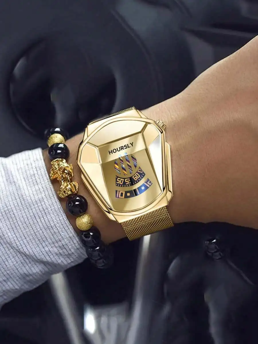 

Геометрические гибридные цифро-аналоговые часы золотистого цвета с сетчатым ремешком