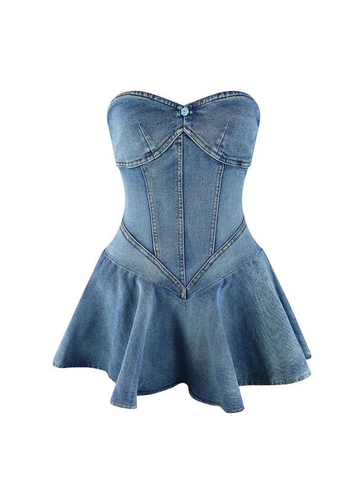 Benuynffy Sexy Tube Backless Denim Dress Women Summer Streetwear Party Sleeveless Ruffle Hem Slim Mini Dress Fashion Vestidos