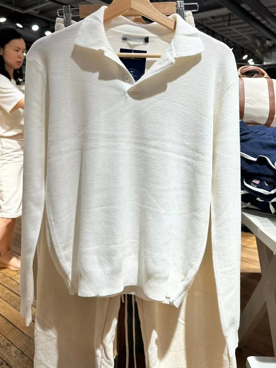 女性のためのシンプルな白いボタンルーズセーター、綿の折り襟、プレッピースタイル、ニットトップ、甘いヴィンテージのジャンパー、秋、新しい