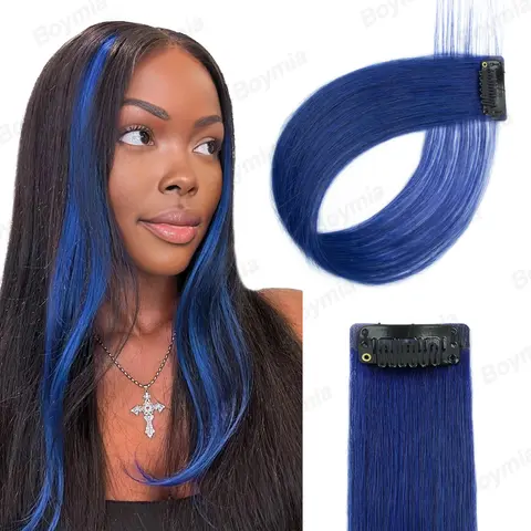 Extensión de cabello humano colorido, extensión de cabello con Clip azul de 16 pulgadas para mujeres y niños, pieza de cabello resaltado de arcoíris, 1/6/12 piezas