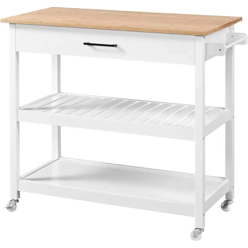 

Kitchen Island Utility Cart with Drawer and Storage Shelves, Trolley Cart with Bamboo Top On Wheels for Dining Room