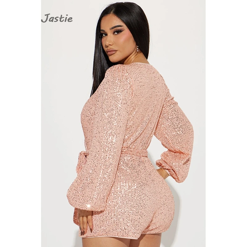 Solid Sequin Fashion Women\'s Jumpsuit Shorts Sexy Deep V-neck Long Sleeve Belt Shorts Sets Summer Party Nightclub Woman Clothes