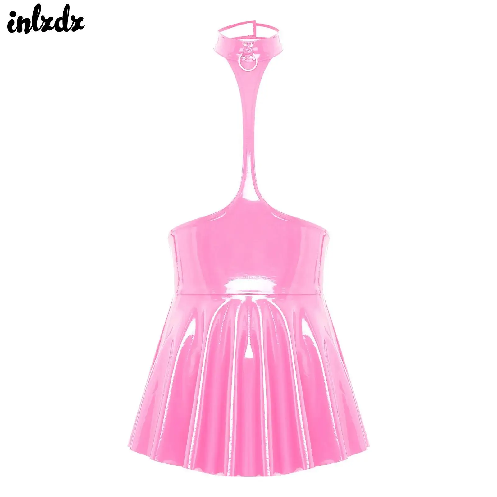 

Womens Patent Leather Bare Breast Exposed Ruffled Latex Dress Clubwear Wet Look Backless Open Chest Dresses Lingerie Nightwear