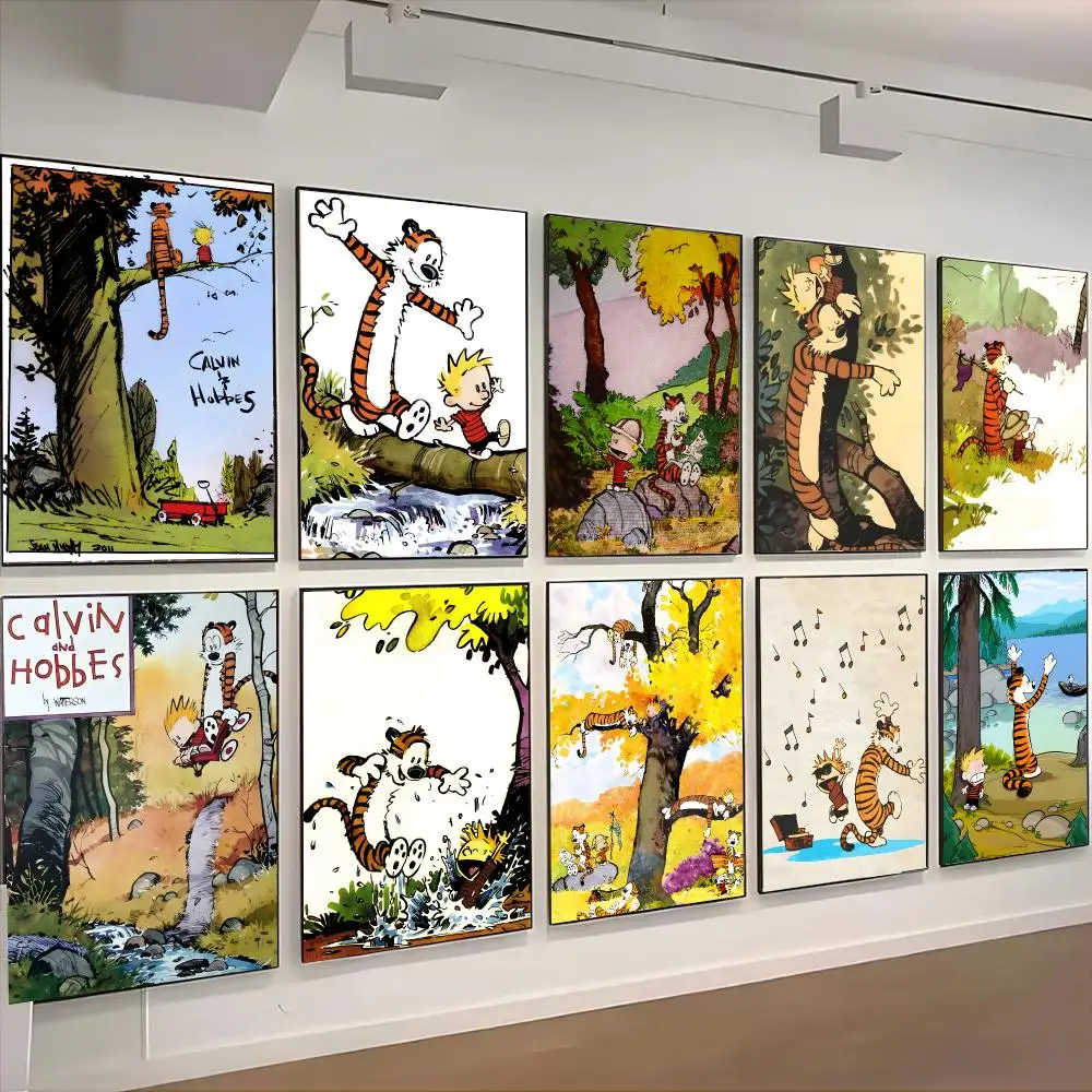 Calvin And Hobbes Cartoon Warm Poster Self-adhesive Advanced Aesthetic Printing Paper Wall Art for Living Room Home Decor