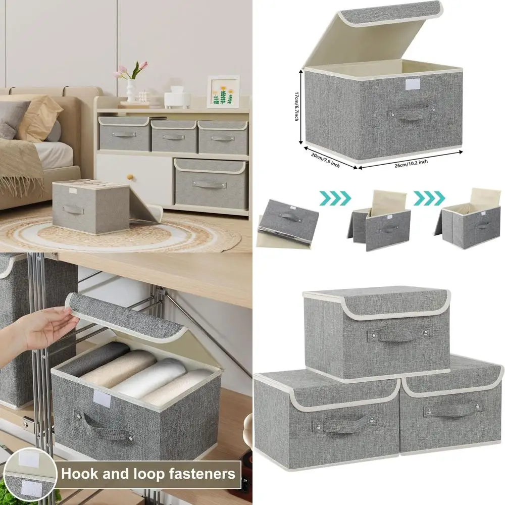 

Grey 3-Piece Collapsible Storage Boxes with Lids, Cotton-Linen Baskets for Books, Bedroom, Home, 10.2x7.9x6.7in