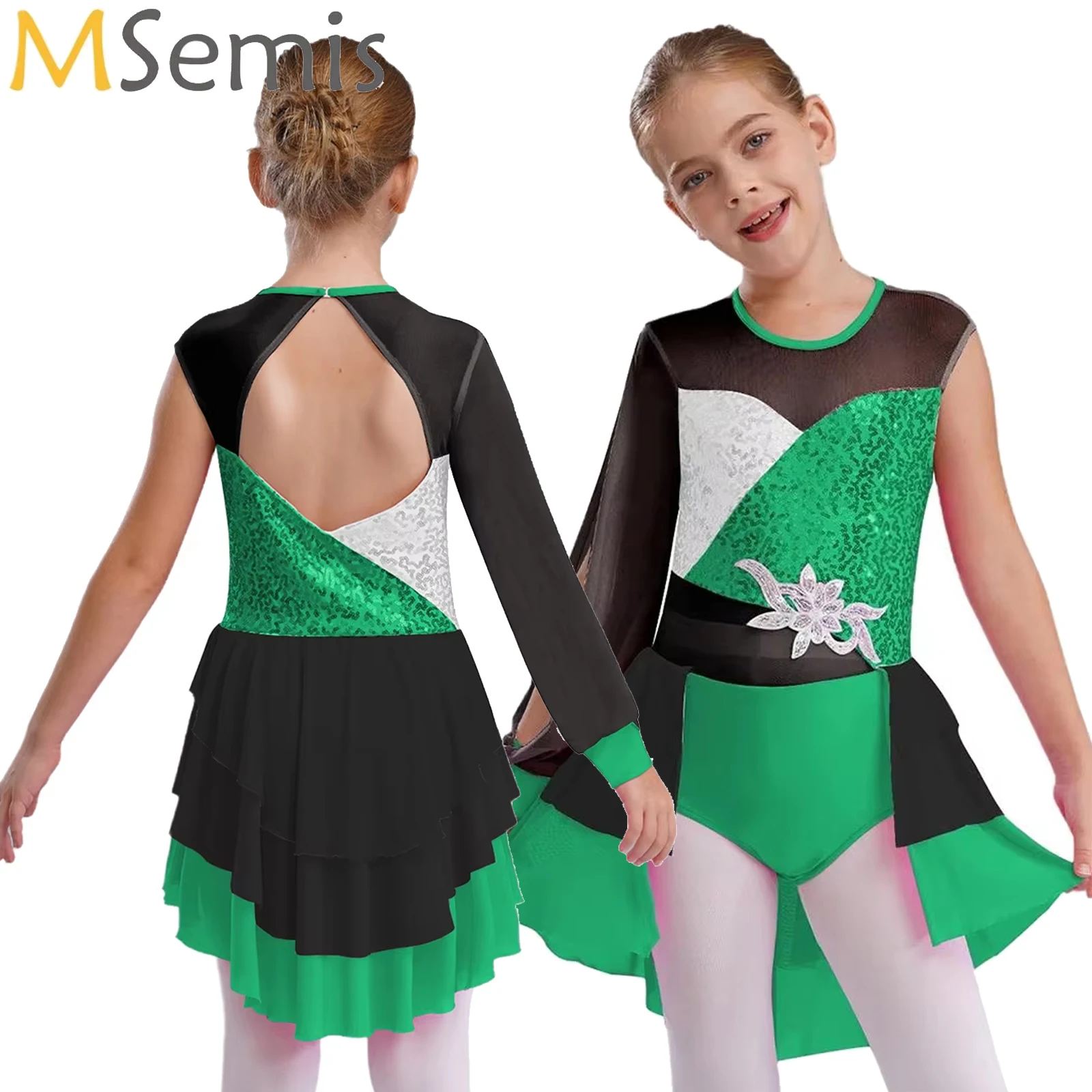 

Ballet Girls Rhythmic Gymnastics Skirted Leotard Jersey Sheer Mesh Tiered Ruffled Skirted Leotard Lyrical Performance Dancewear