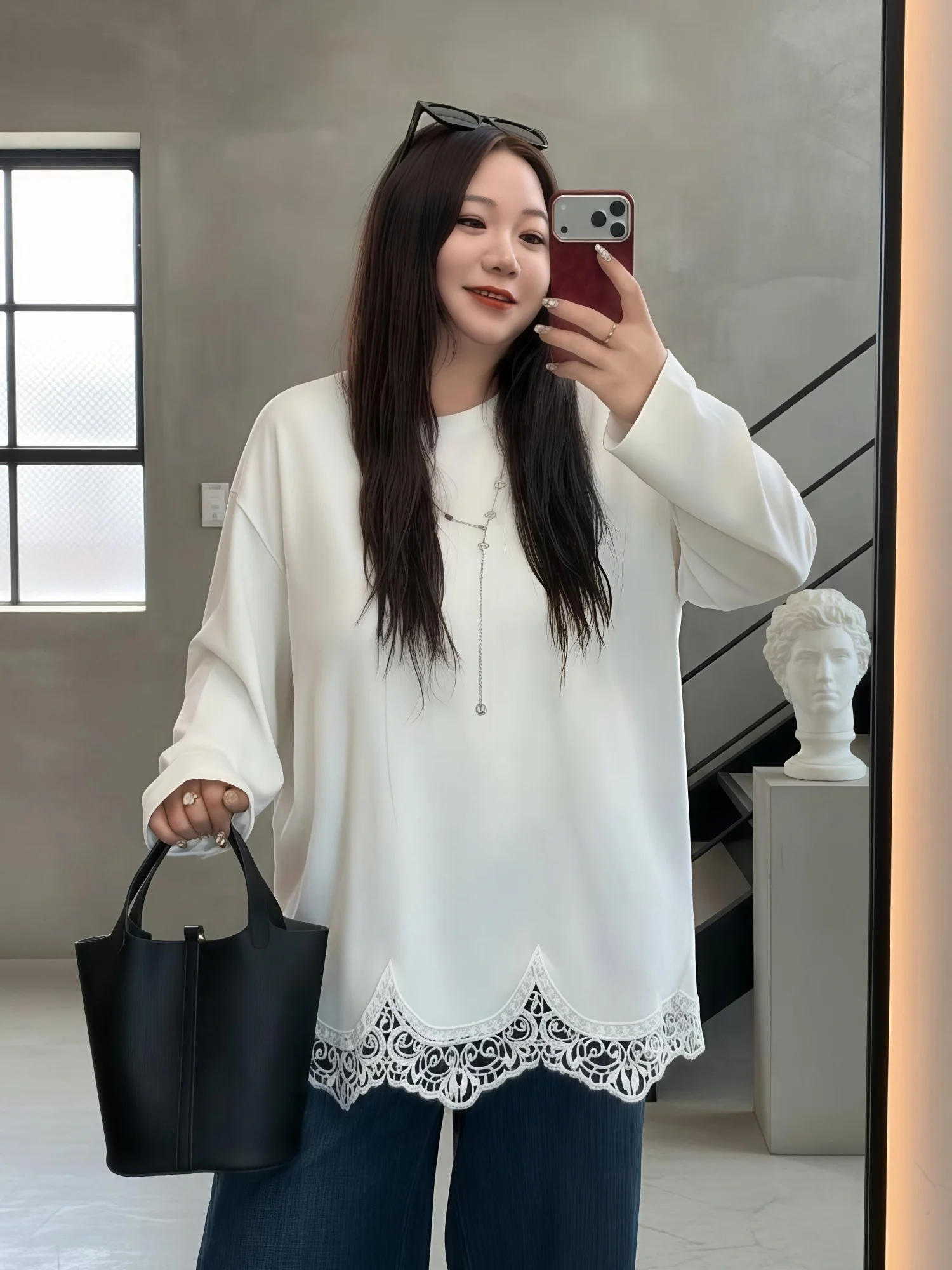 

plus Size Women's Casual Hollow Design Long Sleeve round Neck Base Shirt Thick Big Sister Style Korean Aesthetic Slimming