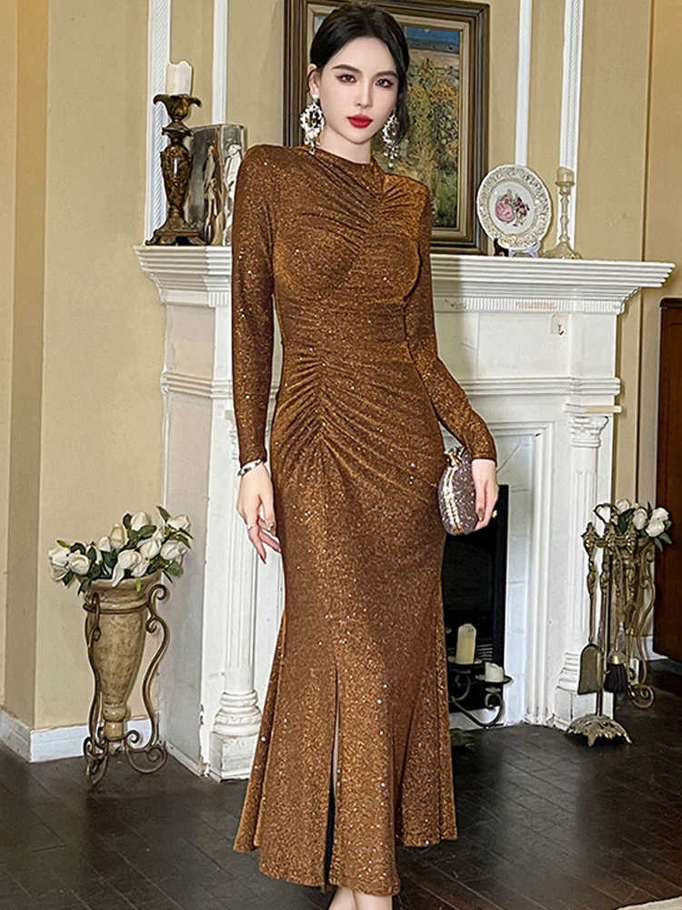 Fashion Lady Elegant Sparkly Long Evening Dress Women Vintage Solid Folds Skinny Party Prom Vestidos Robe Femme Stretchy Clothes