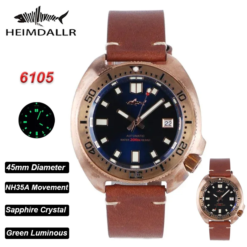 Heimdallr 6105 Automatic Mechanical Watch NH35 Movement CUSN8 Bronze  Sapphire Waterproof C3 Super Luminous 45mm Vintage Watches