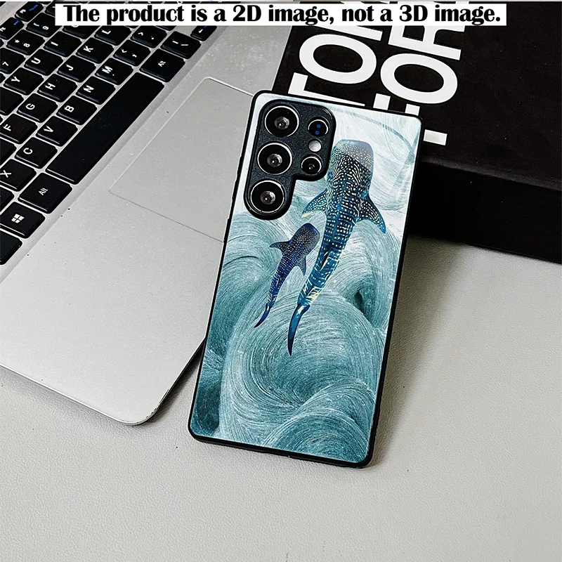 Shockproof Black Glass Phone Case 2D Print Blue Cyan Whale Shark Swimming Waves Pattern Full Protection For Samsung S26 S25 S24