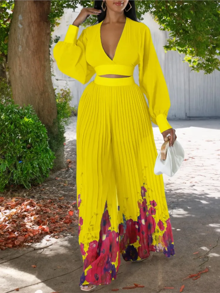 

Весна-лето, однотонная женская одежда из двух предметов, мода 2025 года, элегантные повседневные комплекты с глубоким v-образным вырезом и длинными рукавами с принтом, широкие брюки