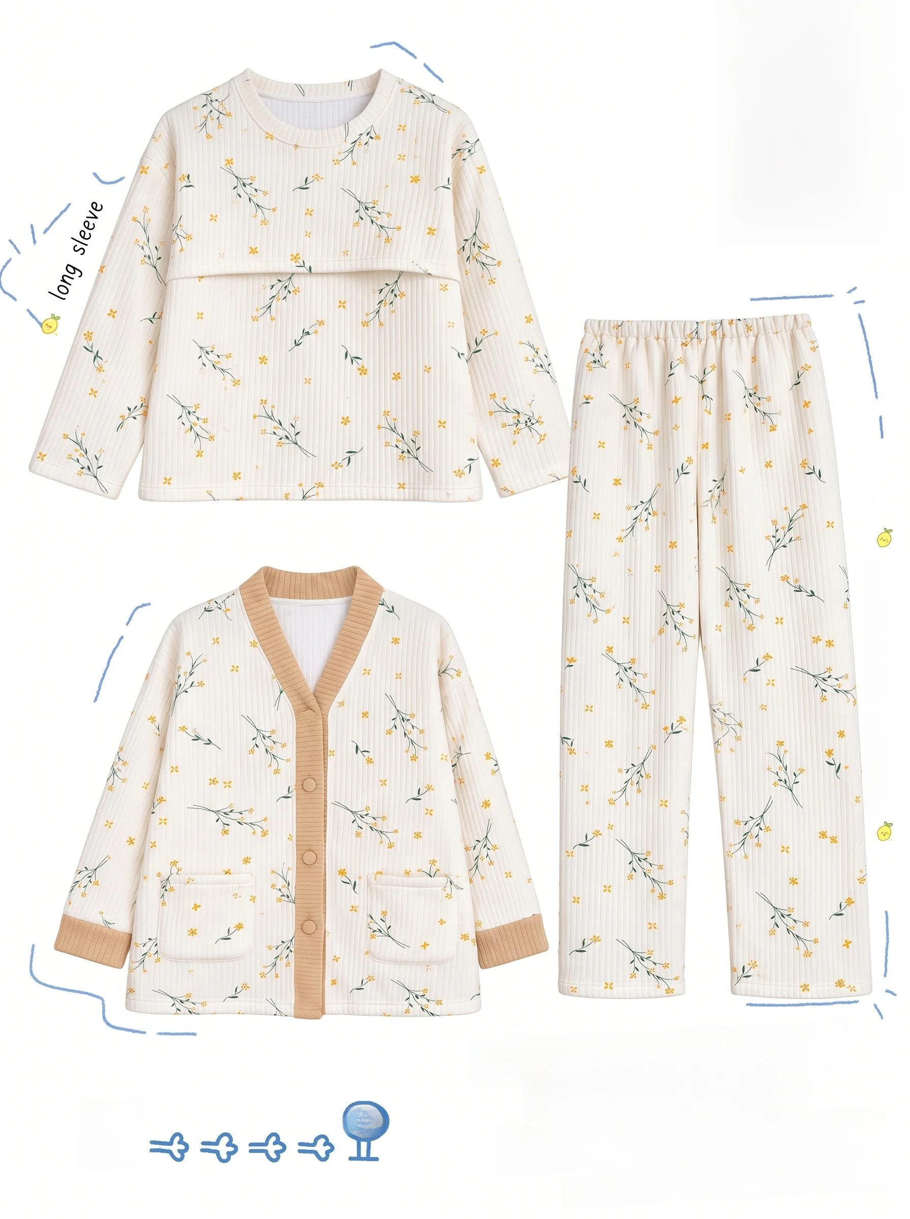 airy-cotton-three-piece-maternity-sleepwear-set-for-breastfeeding-comfortable-loose-fit-long-sleeve-round-neck-home-clothes