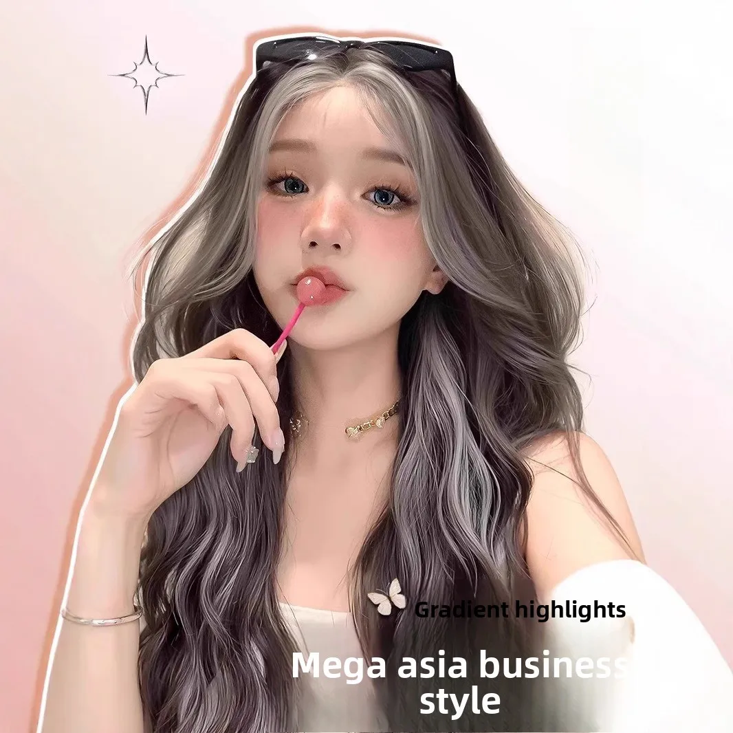 

Hot-selling wig female American Asian wind big wave full head cover Spice girl sweet cool gray gold highlights lazy wig
