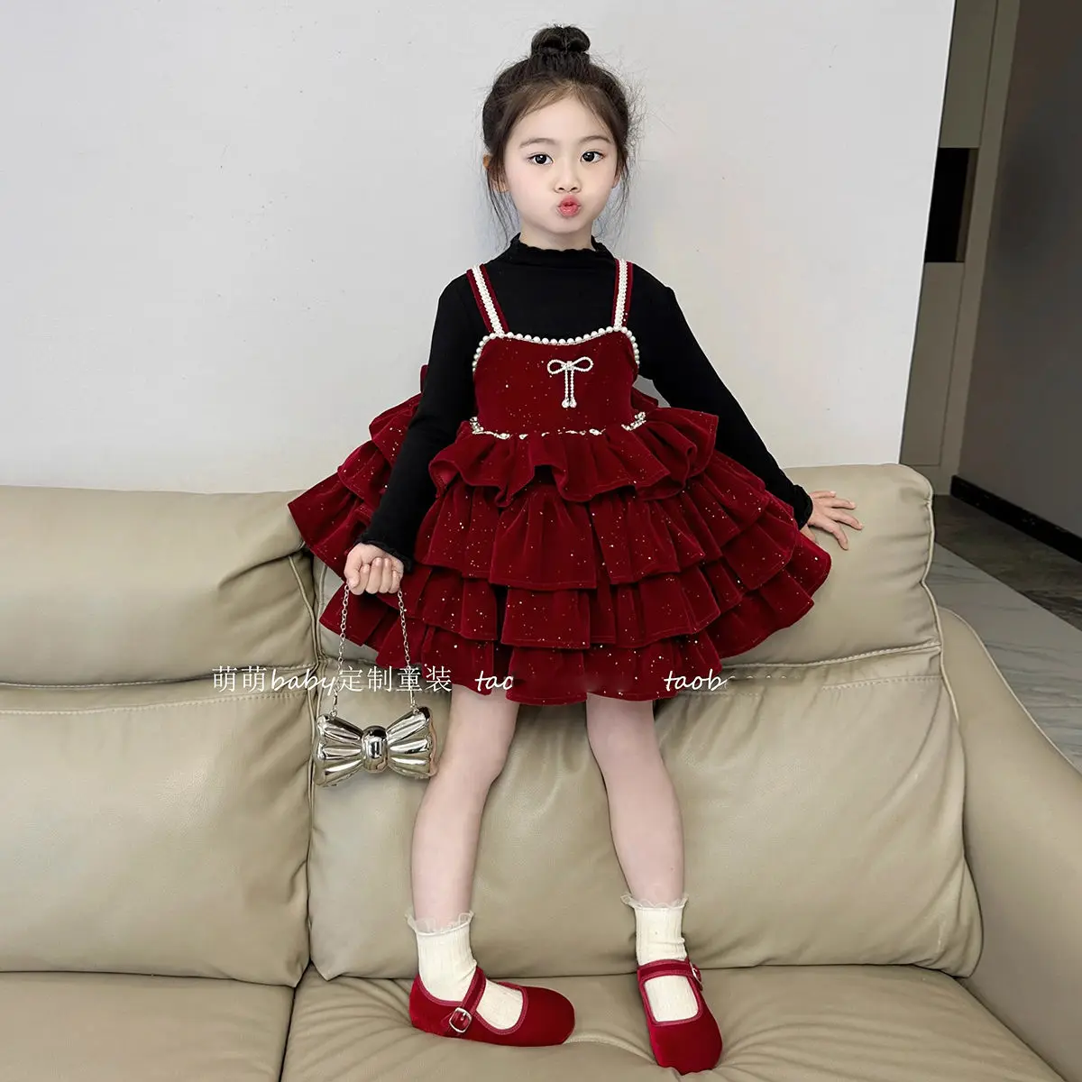 Girls New Year Red Sparkling Velvet Strap Dress Baby Girls Bow Puffy Cake Skirt Princess Dress 2025 New