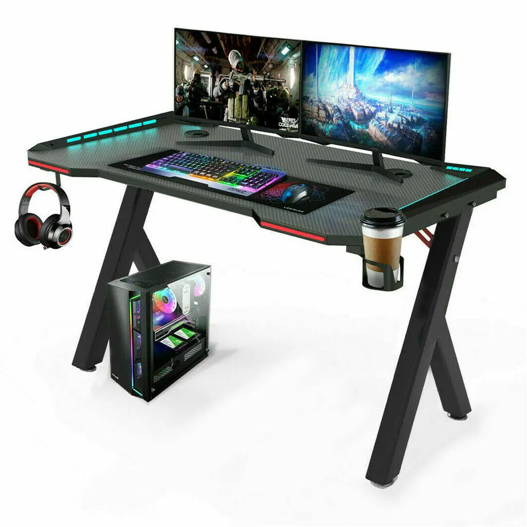 Gaming Schreibtisch PC Computer Gamer Schreibtisch Ergonomische Workstation mit RGB Led-leuchten Kopfhörer Haken Tasse Halter für Home Büros