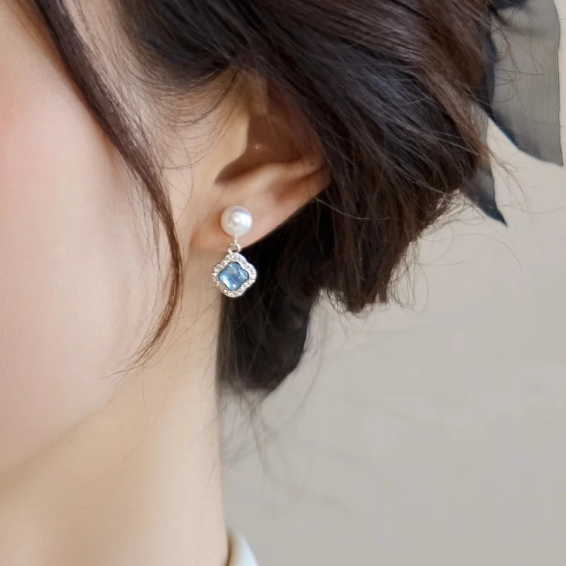 Clover Aquamarine Pearl Earrings Earrings Design Simple Fashion Korean Style Sense of Design Earrings