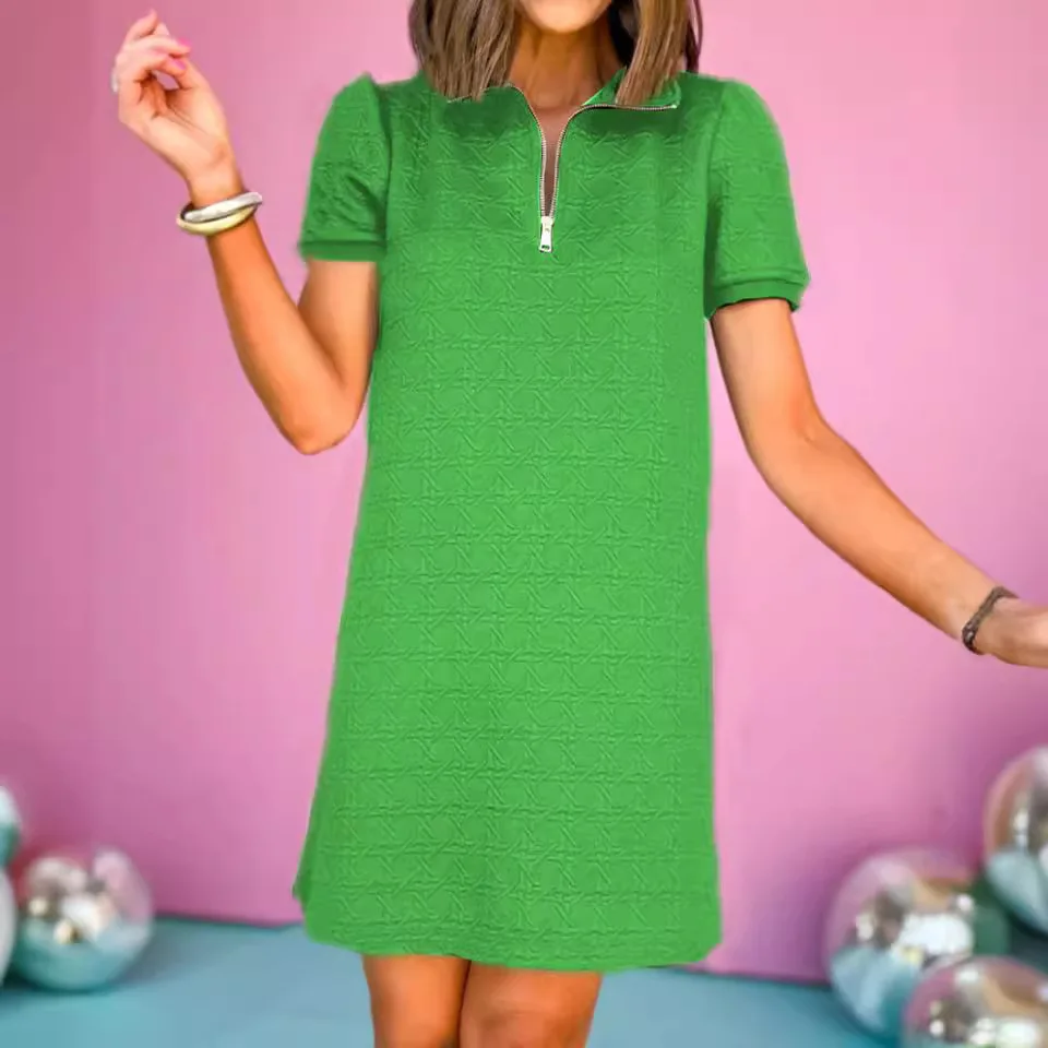 

Elegant Commuting Dress Fashion Loose Lapel Zipper Short Sleeved A-line Mini Dress Summer New Office Lady Solid Color Dresses
