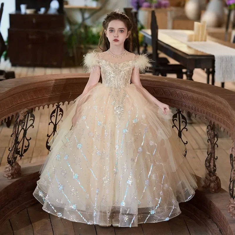

2026 Children Girls Little Formal Dress Birthday Flower Girl Elegant Princess Gown Kids Host Piano Performance Pageant Costume