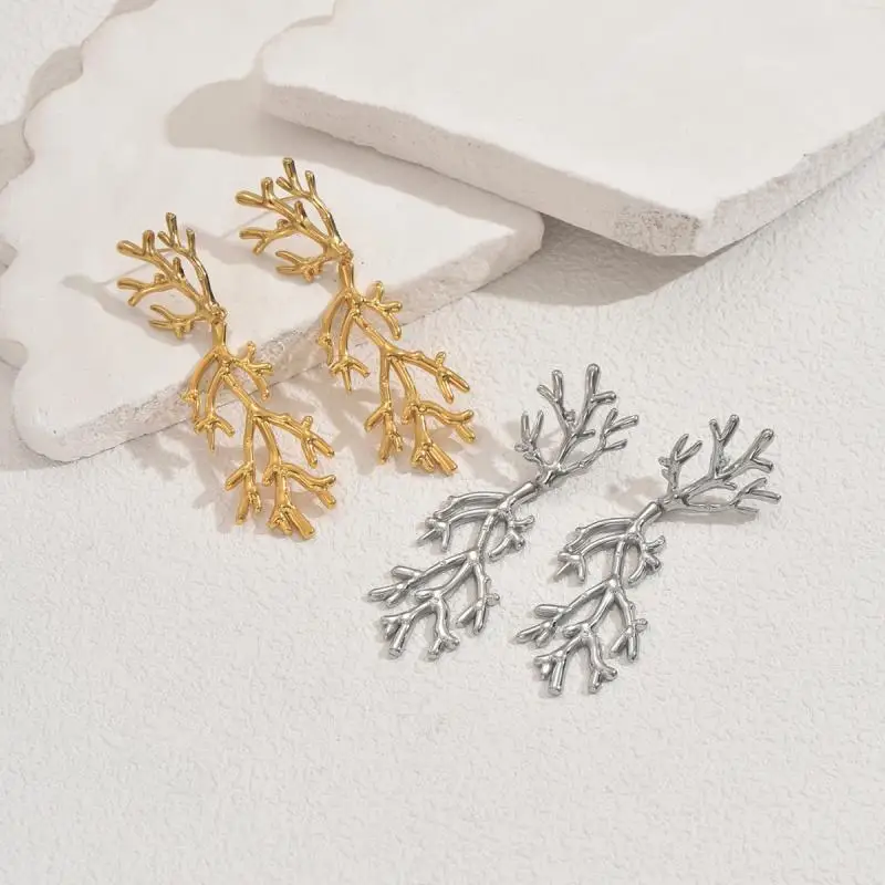الفولاذ المقاوم للصدأ شجرة فرع أقراط للنساء فاسق شرابات طويلة معدنية المرجان إسقاط أقراط سحر الأذن مجوهرات اكسسوارات الفتيات #3