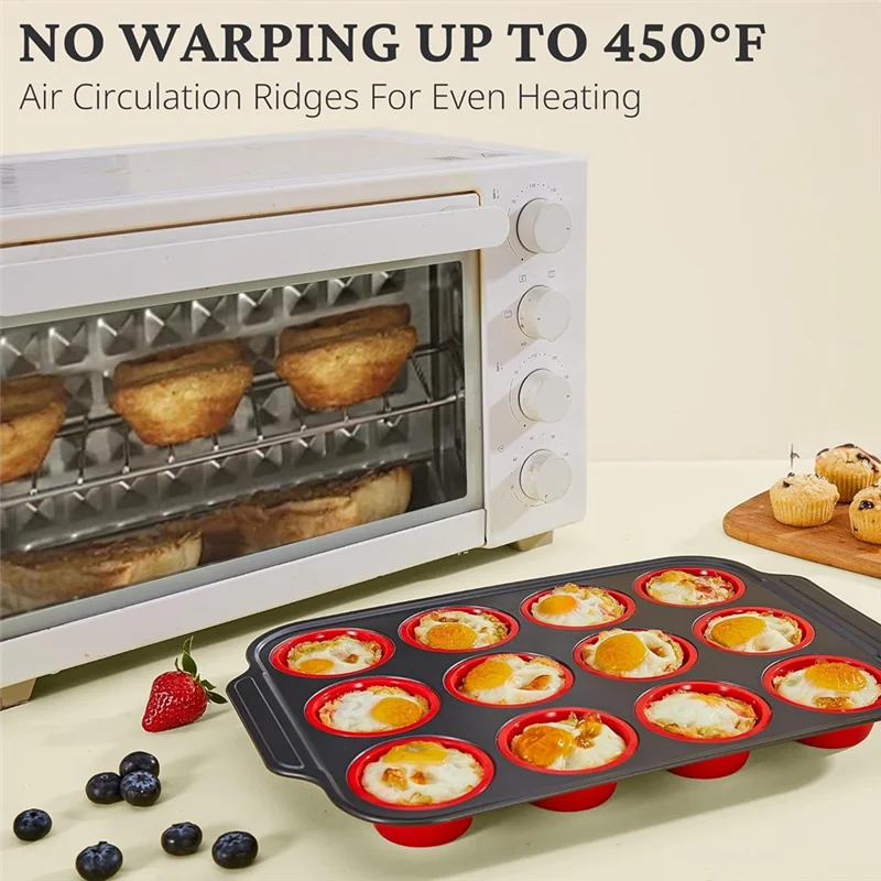 Forma de muffin de silicone com estrutura de metal, moldes de silicone para fazer mordida de ovo para assar, panelas de cupcake 12 tamanho regular-AT64